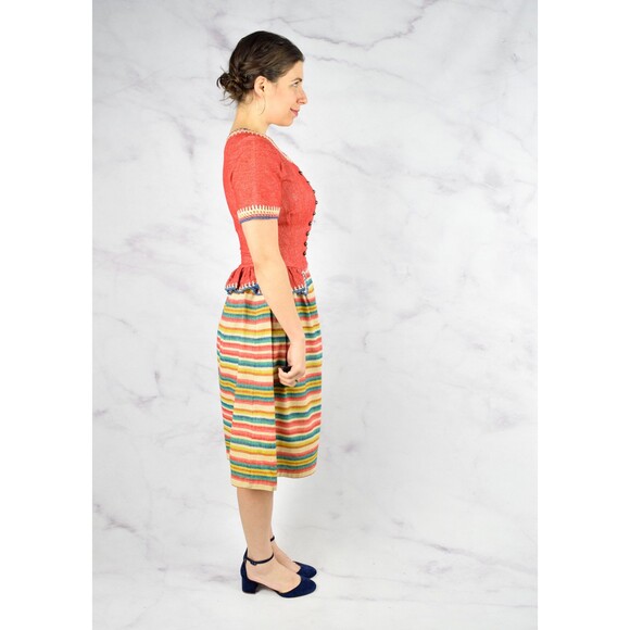1940s Rainbow Dress Size Small 40s Striped Peplum Dress Crochet Details Wool - Picture 8 of 10